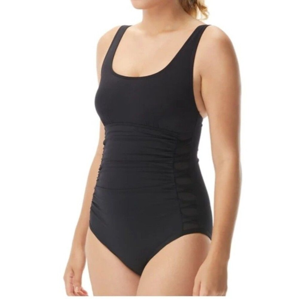 TYR Womens Durafast Elite Solid Black Lattice Controlfit 1 Pc Swim Sz 12 New
